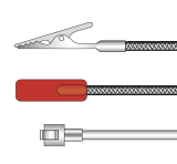 various thermocouple sensors for surface temperatures, showing a crocodile clip, rubber patch and magnetic thermocouple